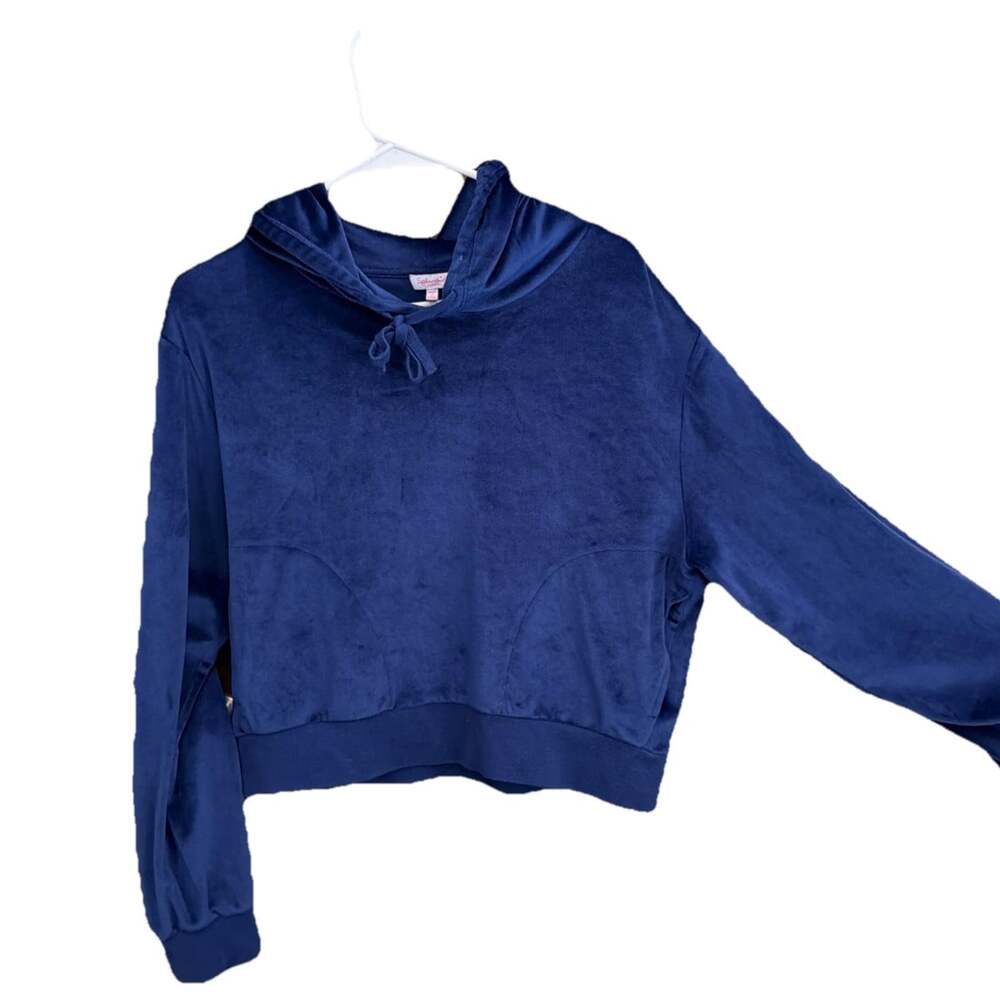 Splendid Blue Velour Yoga Pull Over Cropped Hoodie Pockets 14/Pit2Pit38”/L18”